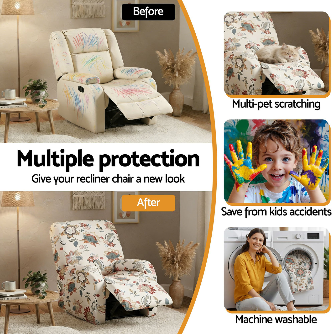 Artiss Stretch Kids Recliner Cover 4-Pieces Recliner Chair Slipcovers Printed Polyester