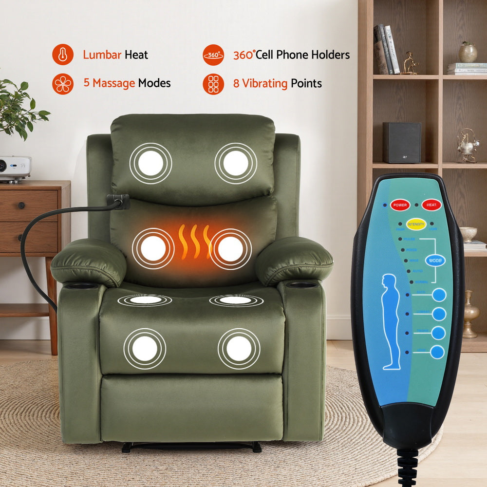 Artiss Recliner Chair Heated Massage Chair with Phone Holder Velvet