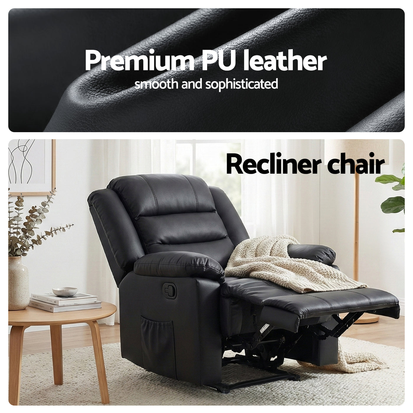 Artiss Manual Recliner Chair Leather Reclining Sofa with 16color Led Black