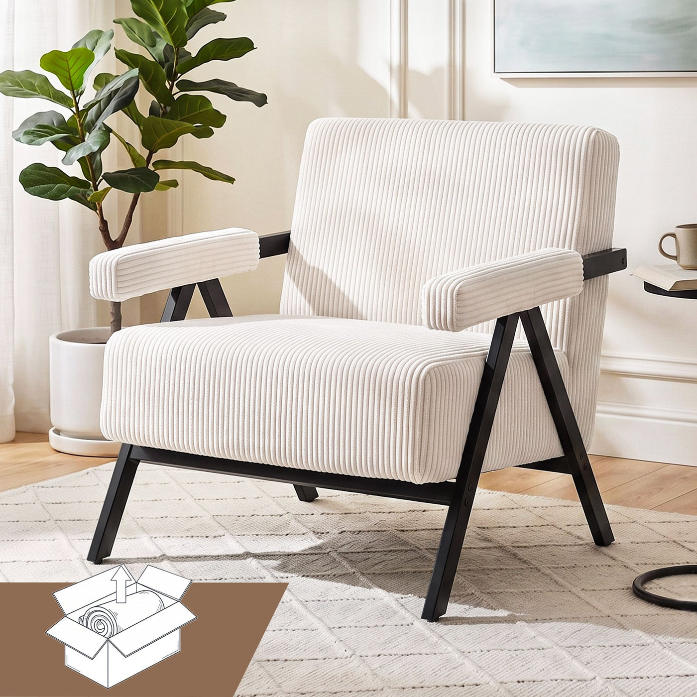 Artiss Compressed Armchair White Corduroy Accent Chair for Small Space