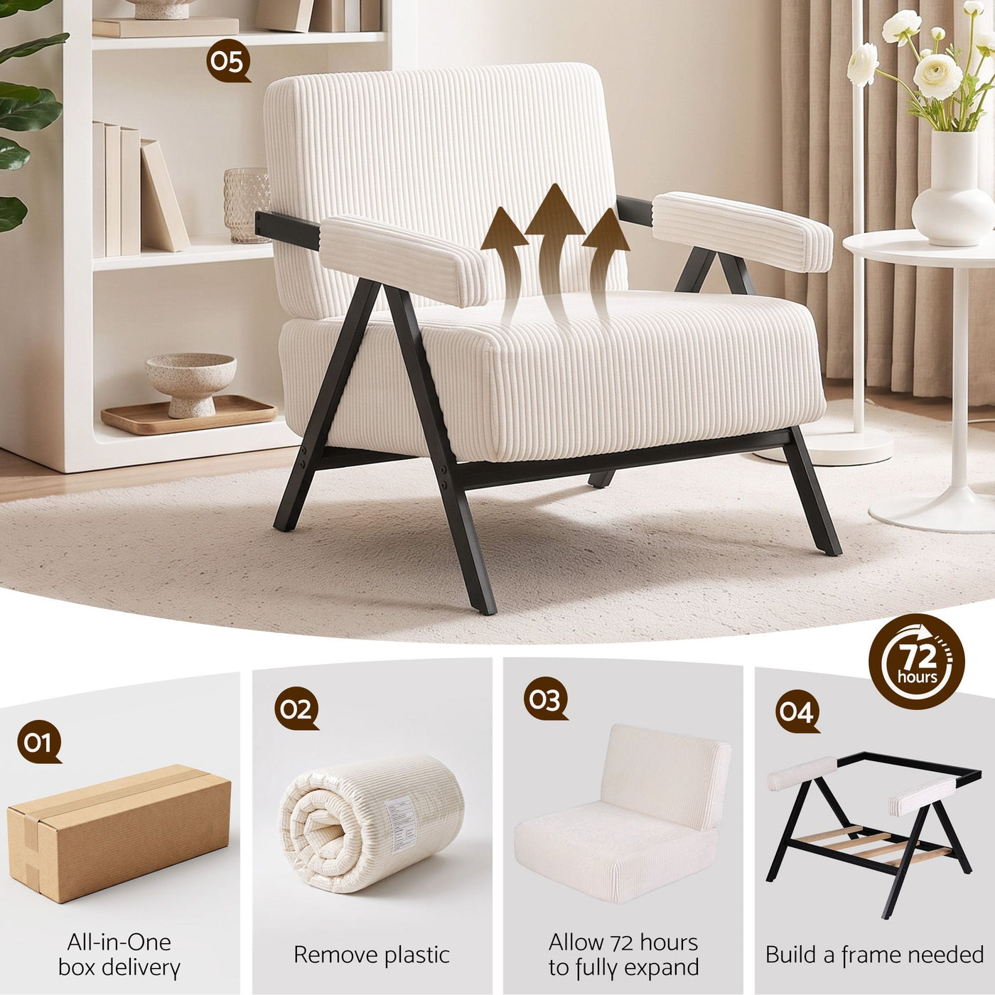 Artiss Compressed Armchair White Corduroy Accent Chair for Small Space