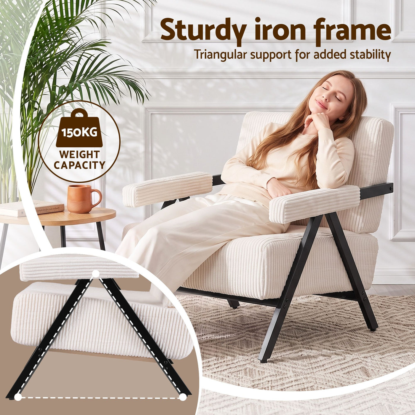 Artiss Compressed Armchair White Corduroy Accent Chair for Small Space