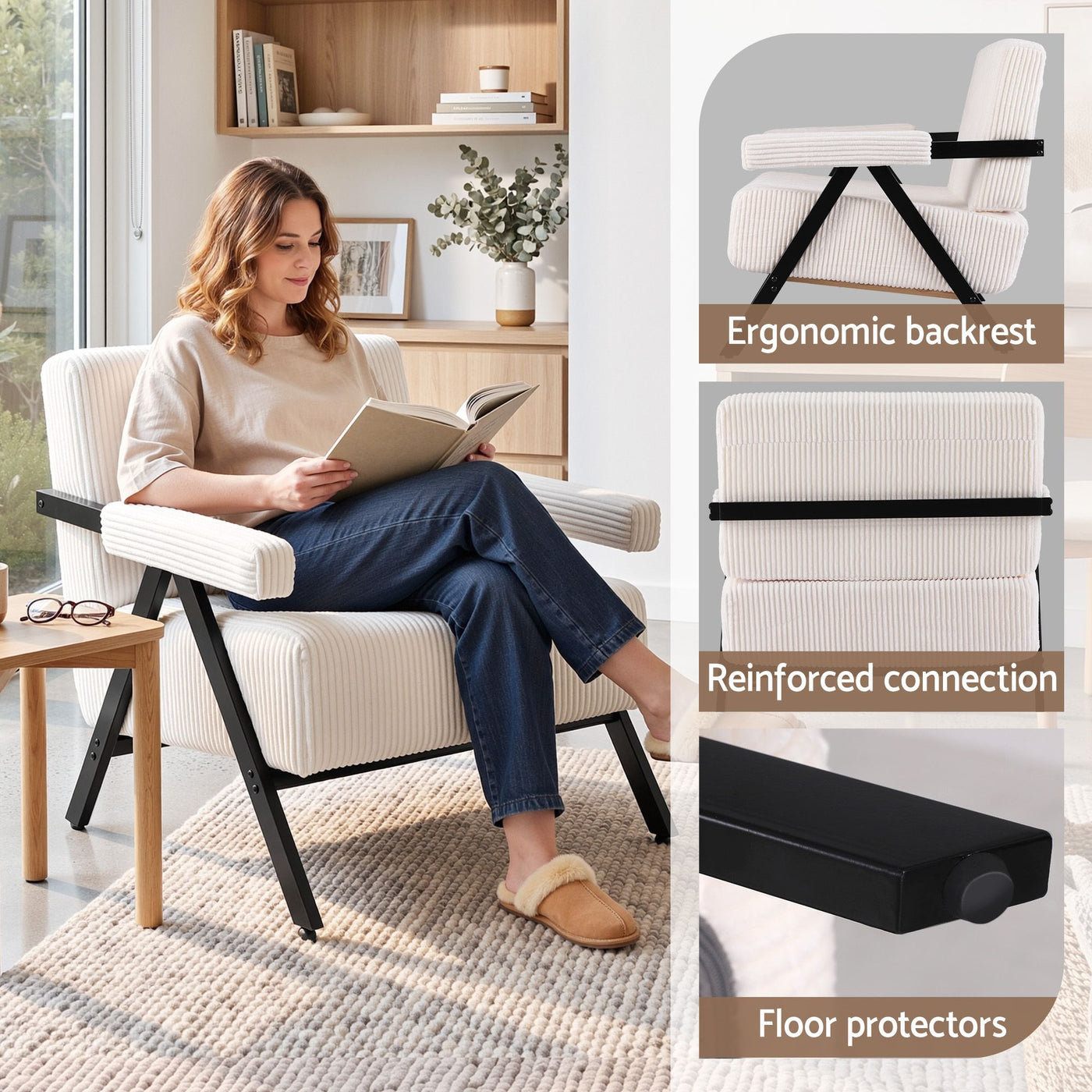 Artiss Compressed Armchair White Corduroy Accent Chair for Small Space