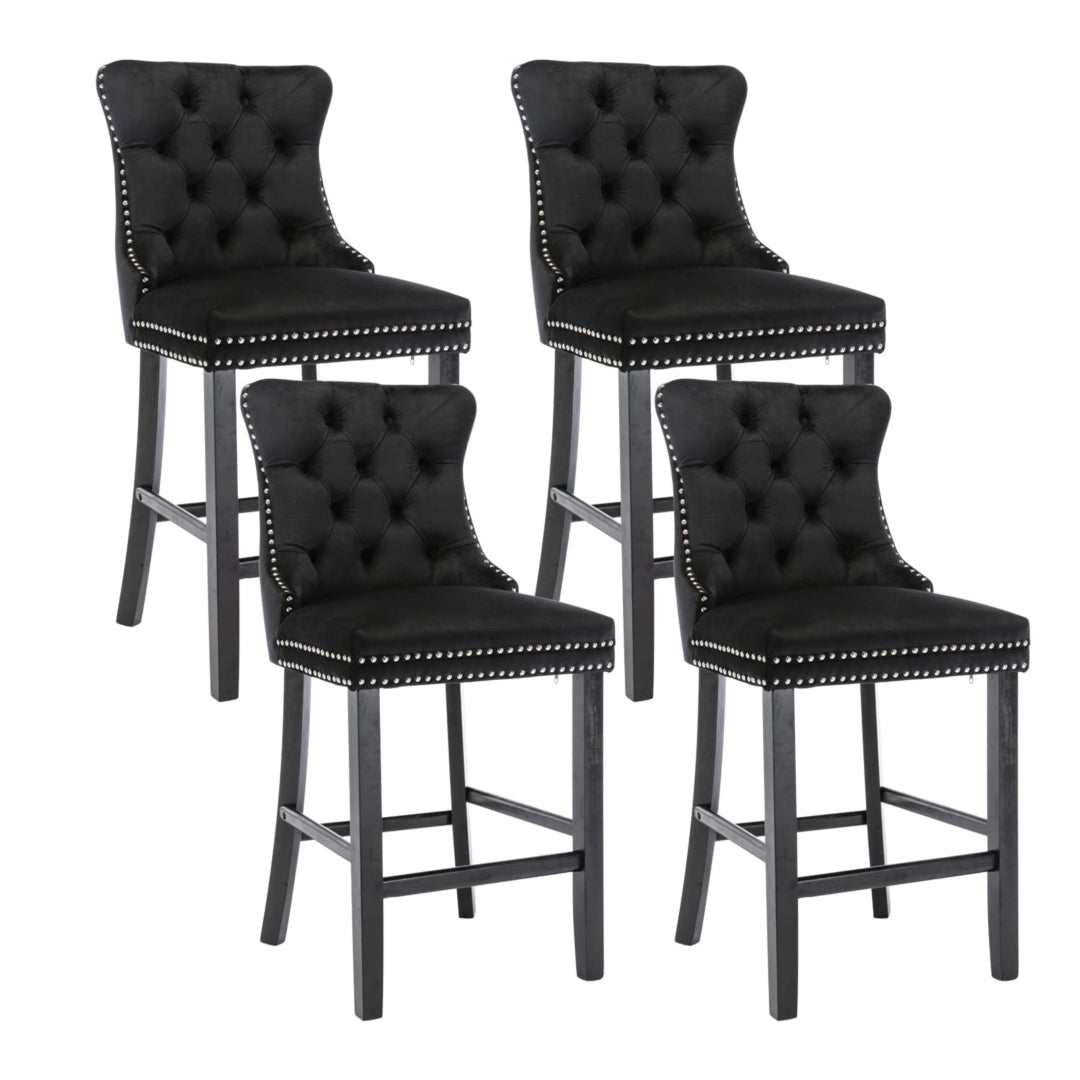 4X Velvet Bar Stools with Studs Trim Wooden Legs Tufted Dining Chairs Kitchen – product image 1