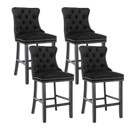 4X Velvet Bar Stools with Studs Trim Wooden Legs Tufted Dining Chairs Kitchen – product image 1