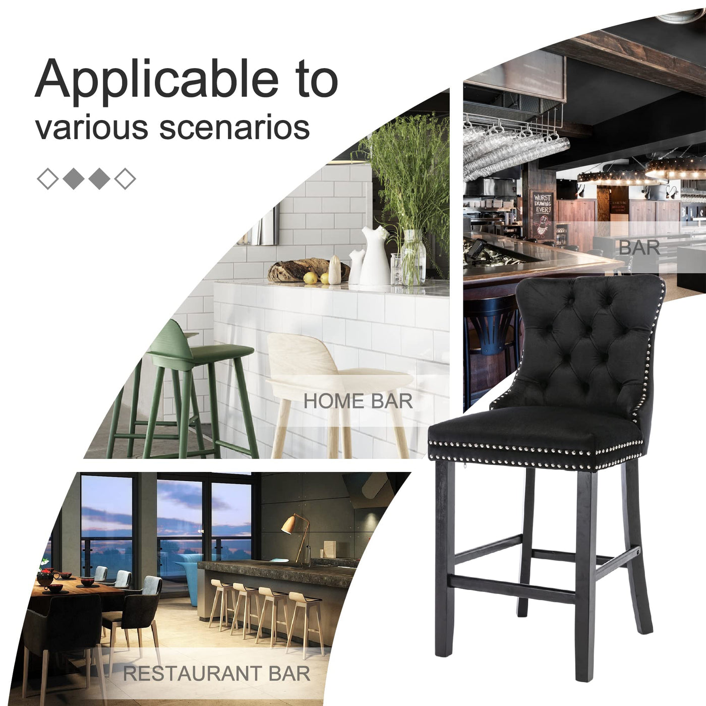 4X Velvet Bar Stools with Studs Trim Wooden Legs Tufted Dining Chairs Kitchen – product image 10