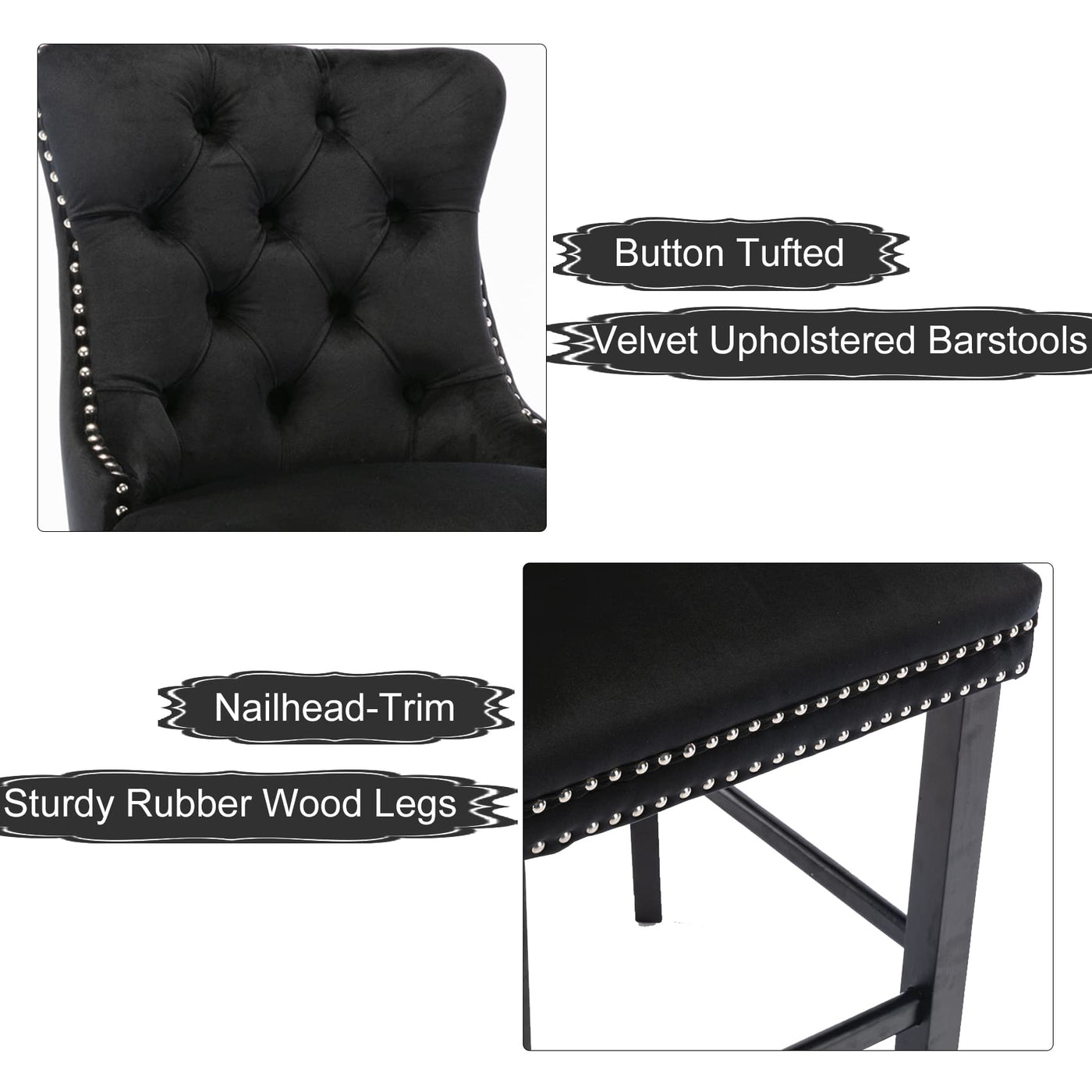 4X Velvet Bar Stools with Studs Trim Wooden Legs Tufted Dining Chairs Kitchen – product image 15