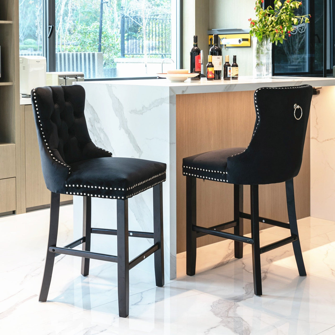 2X Velvet Bar Stools with Studs Trim Wooden Legs Tufted Dining Chairs Kitchen – product image 1