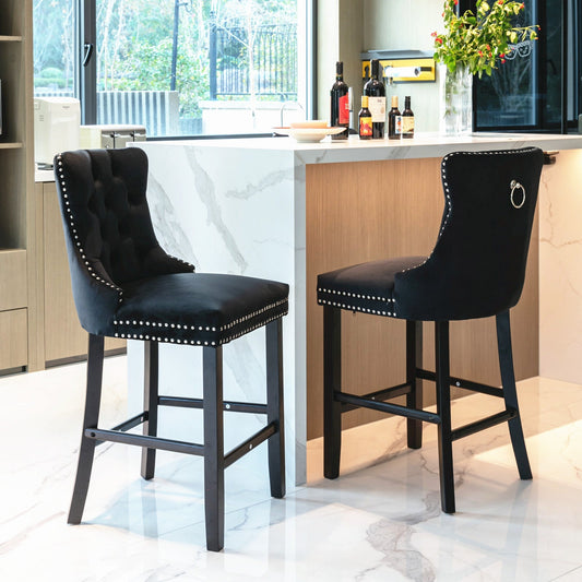 2X Velvet Bar Stools with Studs Trim Wooden Legs Tufted Dining Chairs Kitchen – product image 1