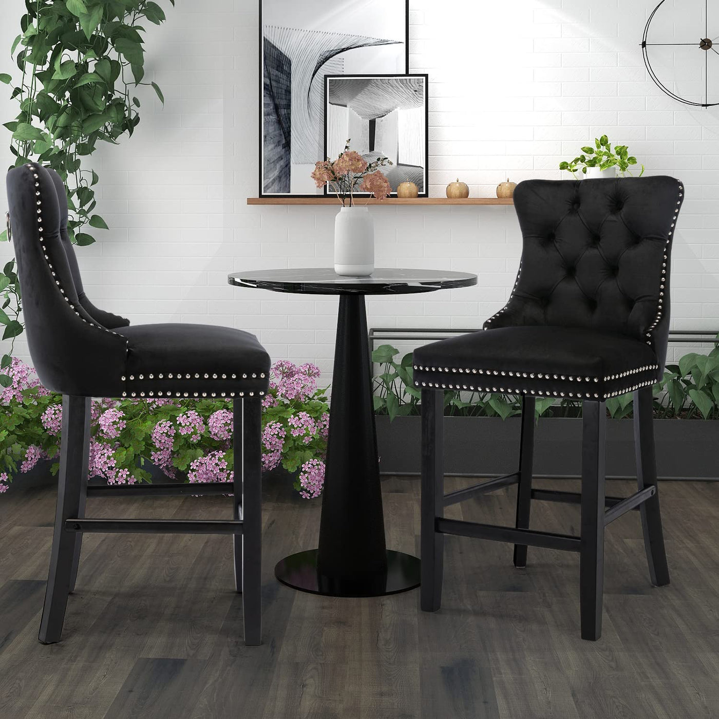 2X Velvet Bar Stools with Studs Trim Wooden Legs Tufted Dining Chairs Kitchen – product image 10