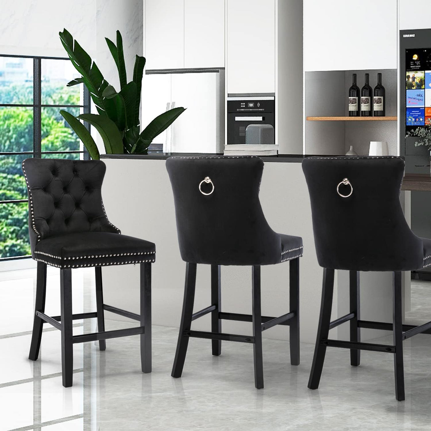 2X Velvet Bar Stools with Studs Trim Wooden Legs Tufted Dining Chairs Kitchen – product image 11