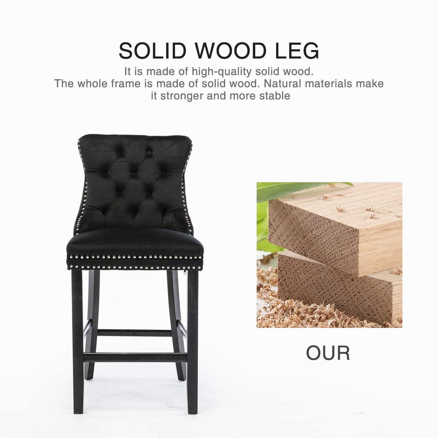 2X Velvet Bar Stools with Studs Trim Wooden Legs Tufted Dining Chairs Kitchen – product image 12