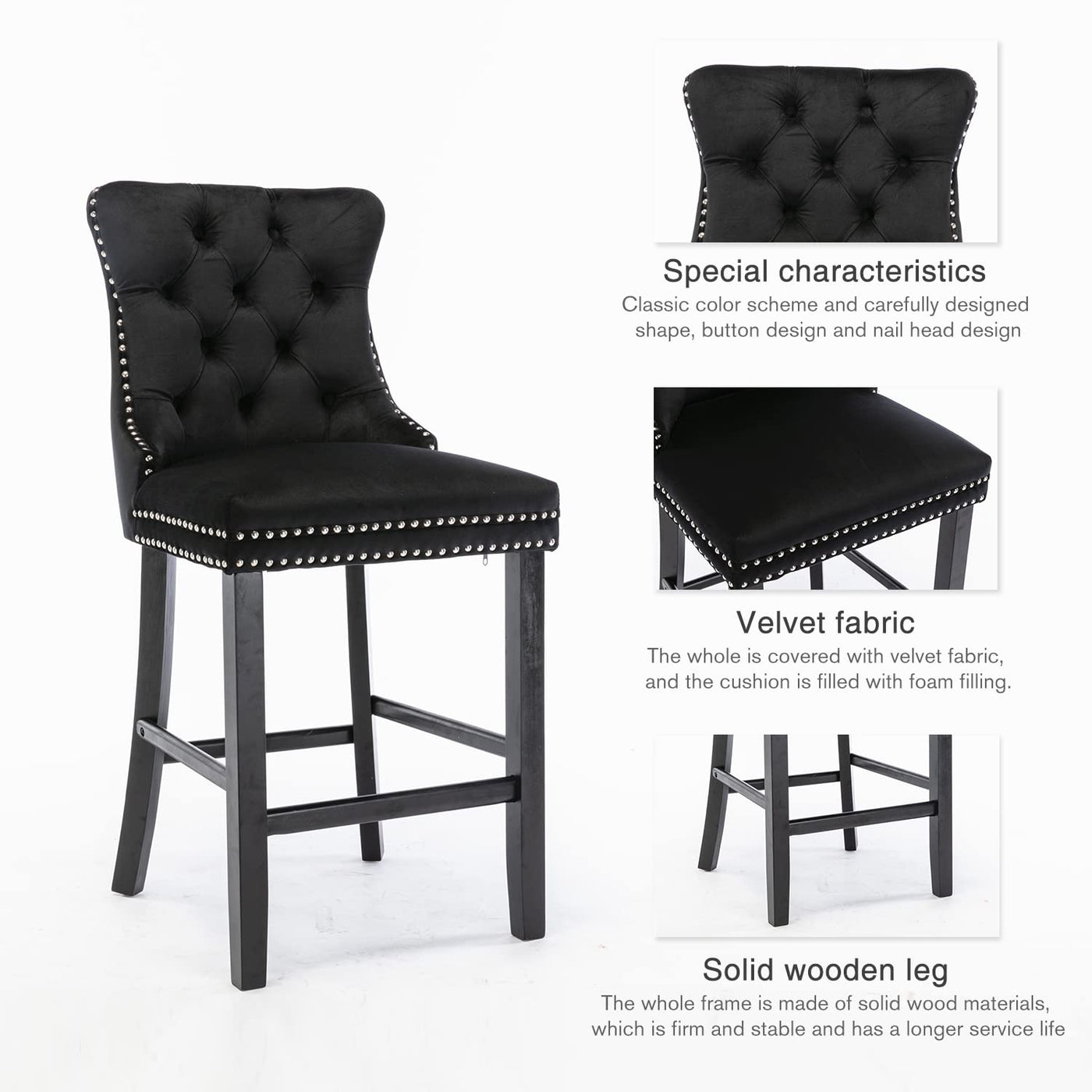 2X Velvet Bar Stools with Studs Trim Wooden Legs Tufted Dining Chairs Kitchen – product image 15