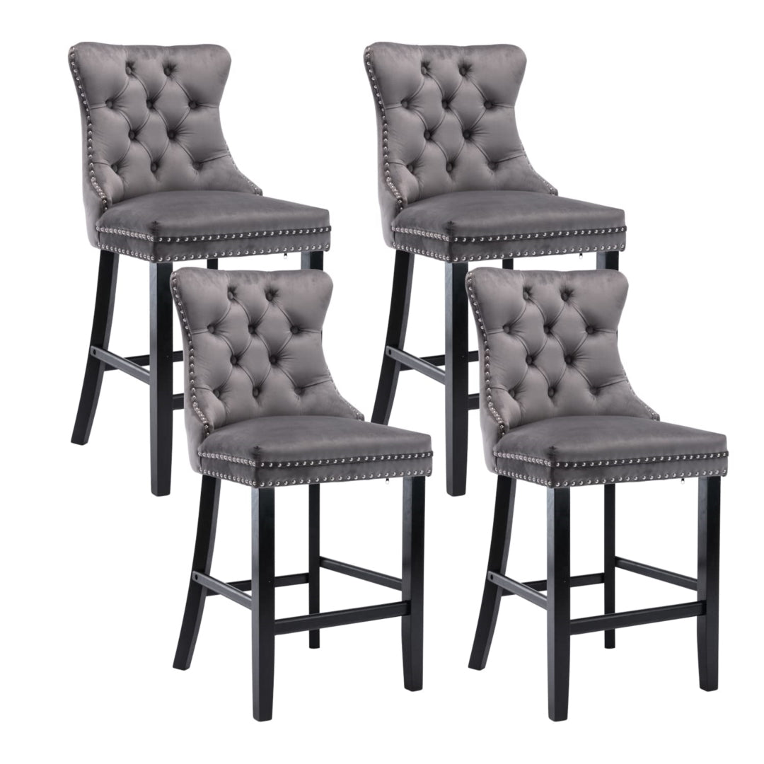 4X Velvet Bar Stools with Studs Trim Wooden Legs Tufted Dining Chairs Kitchen – product image 1