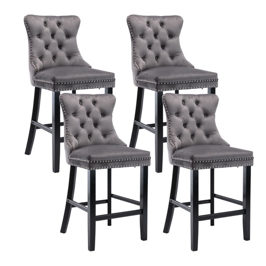 4X Velvet Bar Stools with Studs Trim Wooden Legs Tufted Dining Chairs Kitchen – product image 1
