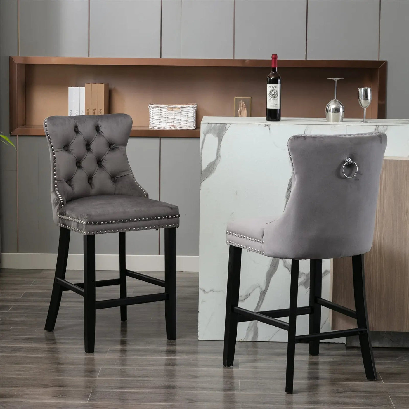 4X Velvet Bar Stools with Studs Trim Wooden Legs Tufted Dining Chairs Kitchen – product image 2
