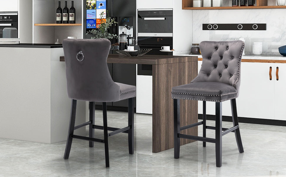 4X Velvet Bar Stools with Studs Trim Wooden Legs Tufted Dining Chairs Kitchen – product image 10