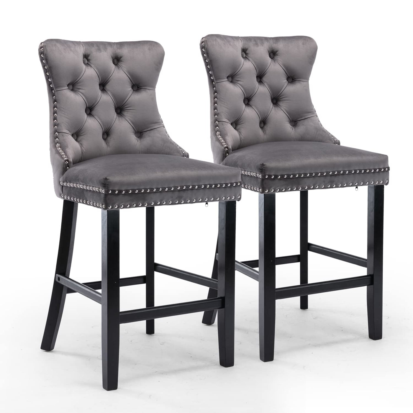 4X Velvet Bar Stools with Studs Trim Wooden Legs Tufted Dining Chairs Kitchen – product image 11