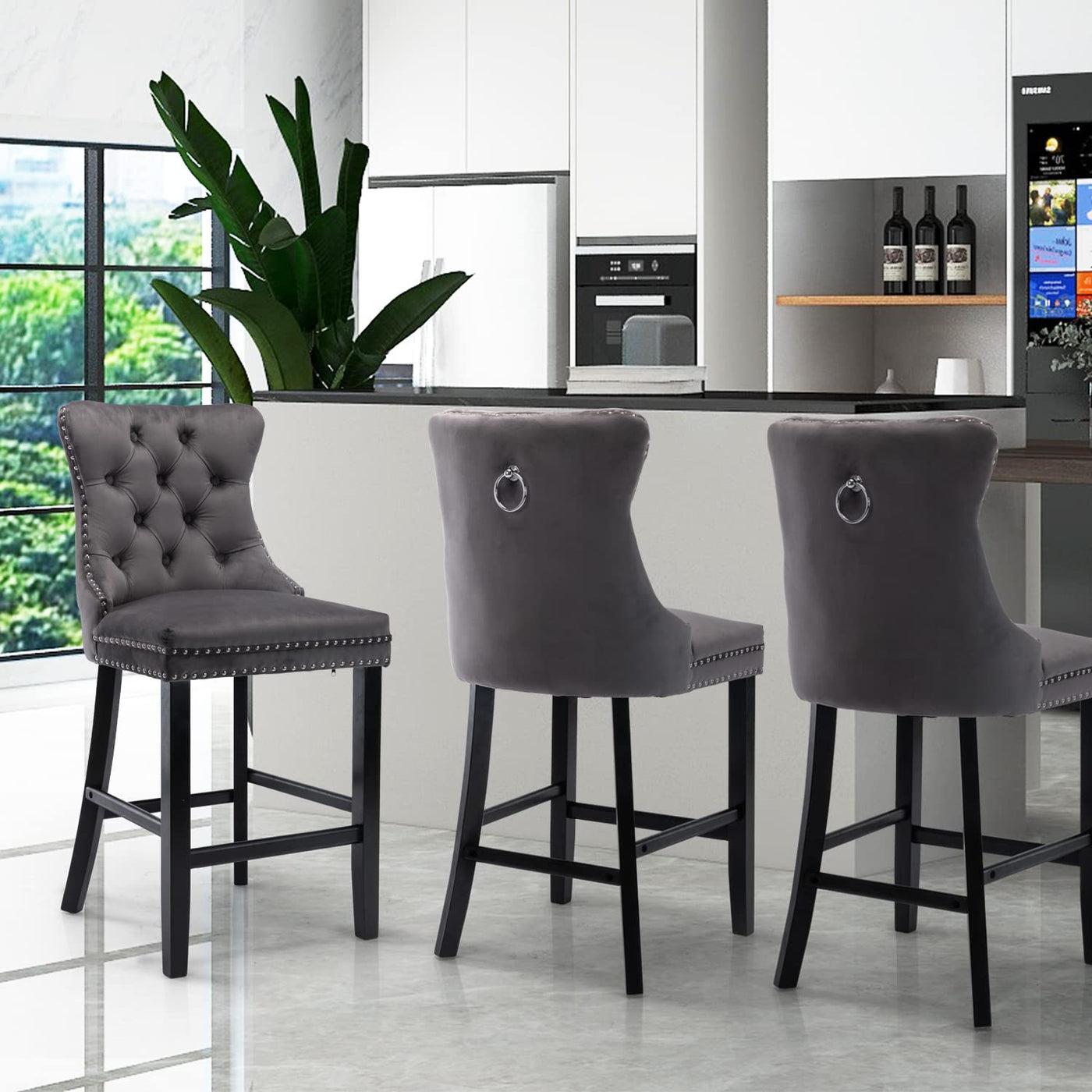 4X Velvet Bar Stools with Studs Trim Wooden Legs Tufted Dining Chairs Kitchen – product image 15