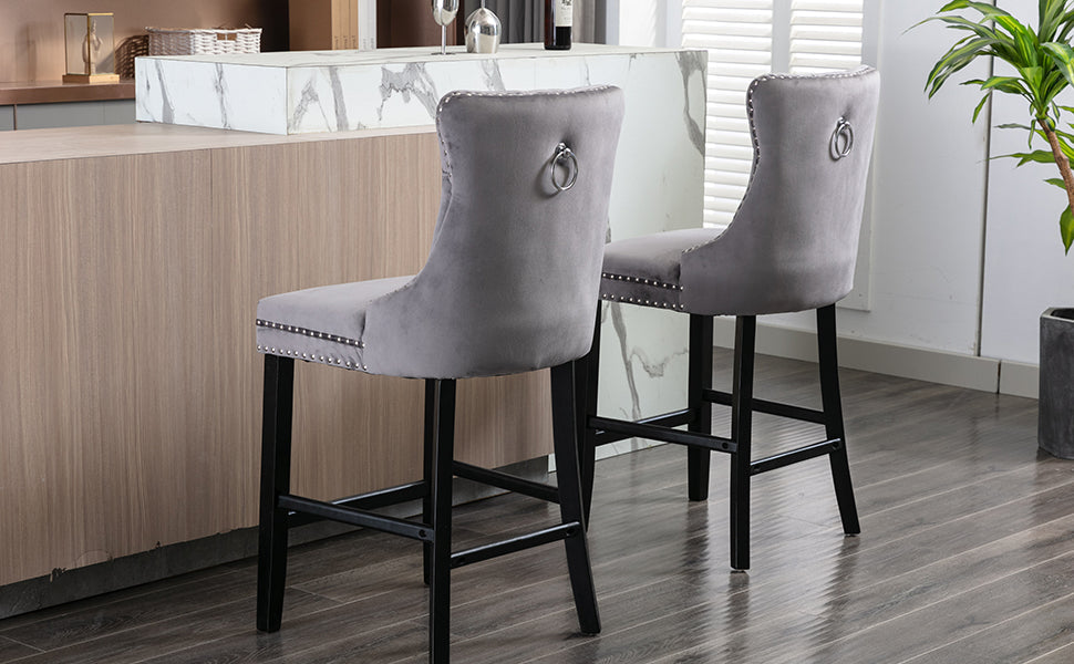 2X Velvet Bar Stools with Studs Trim Wooden Legs Tufted Dining Chairs Kitchen – product image 8