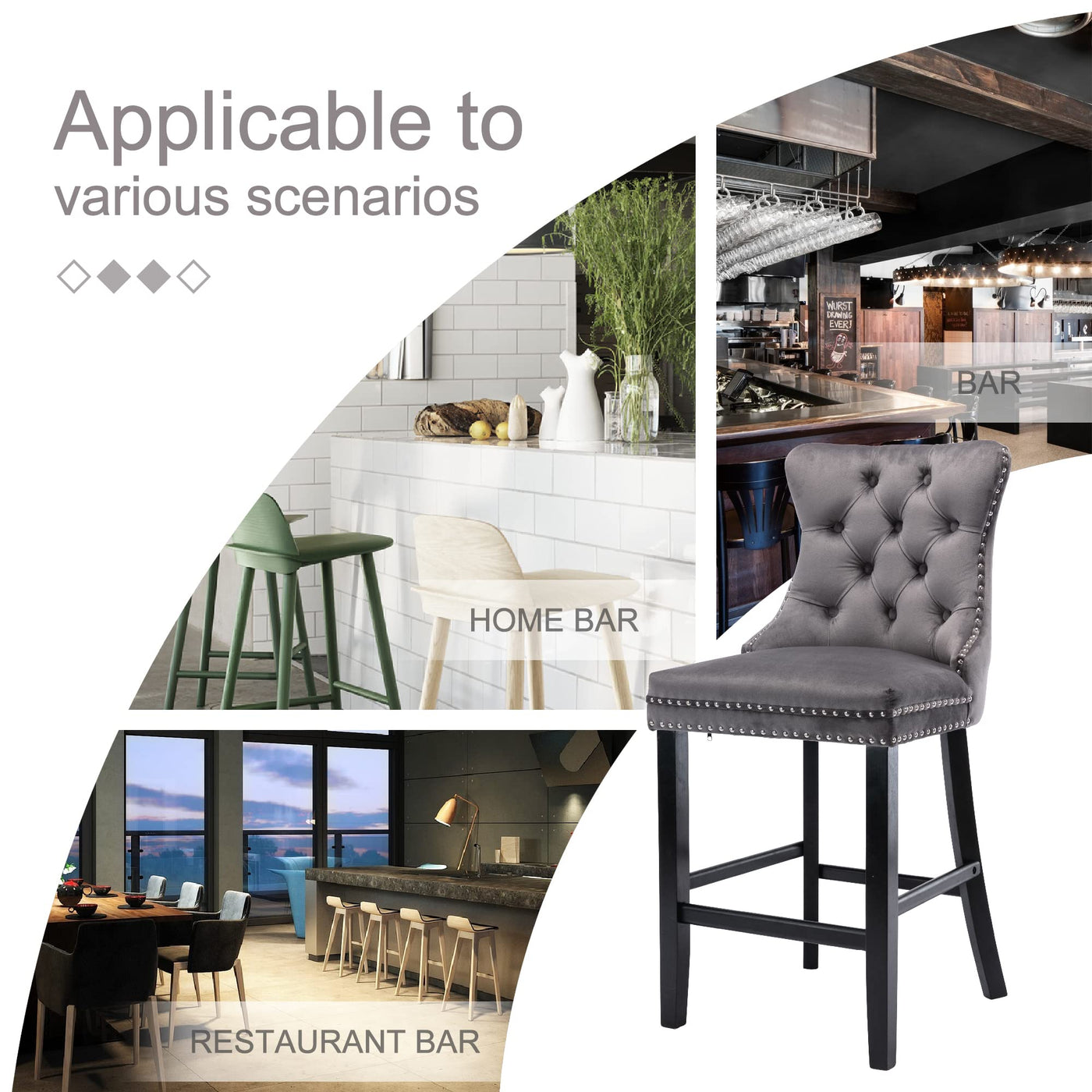 2X Velvet Bar Stools with Studs Trim Wooden Legs Tufted Dining Chairs Kitchen – product image 11
