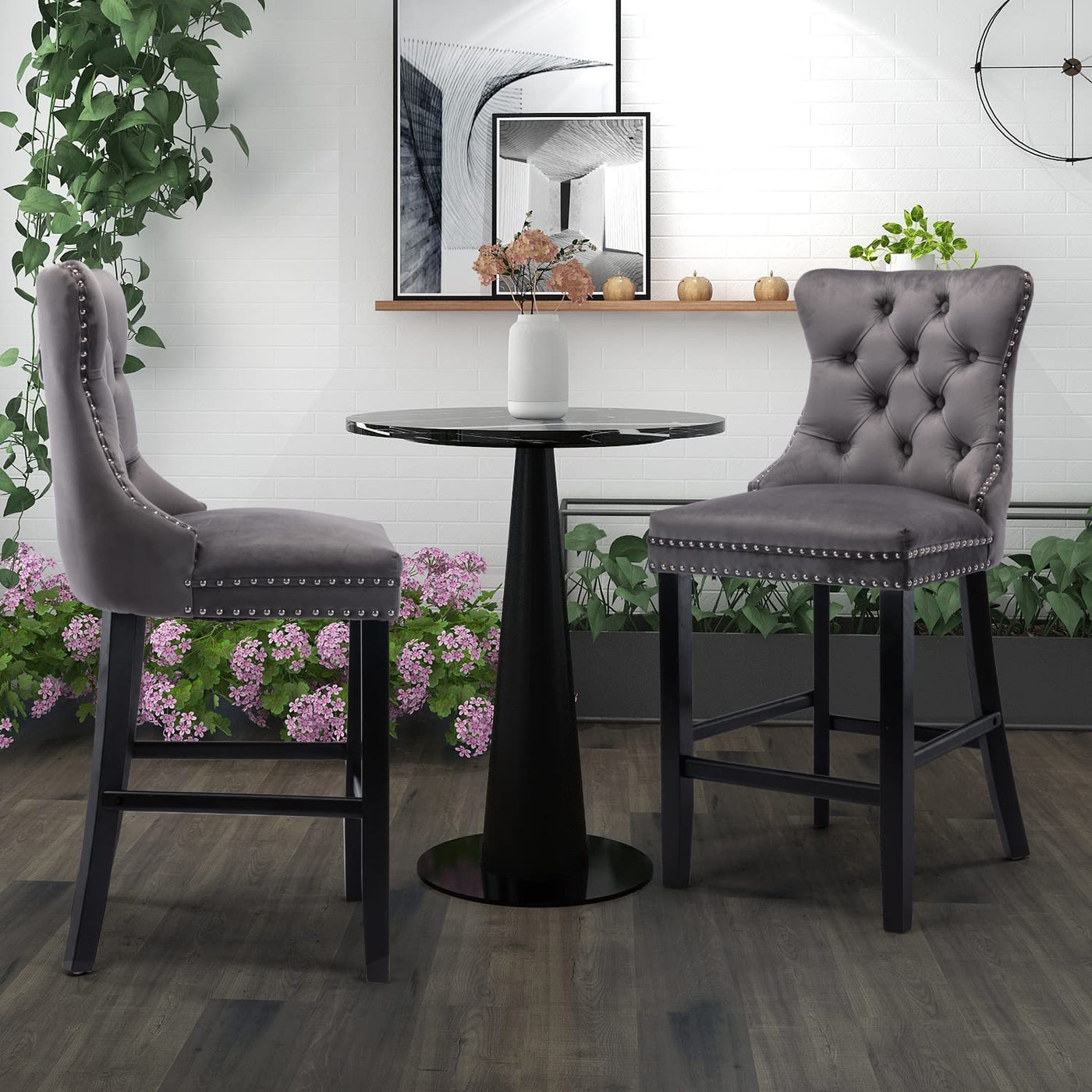2X Velvet Bar Stools with Studs Trim Wooden Legs Tufted Dining Chairs Kitchen – product image 12