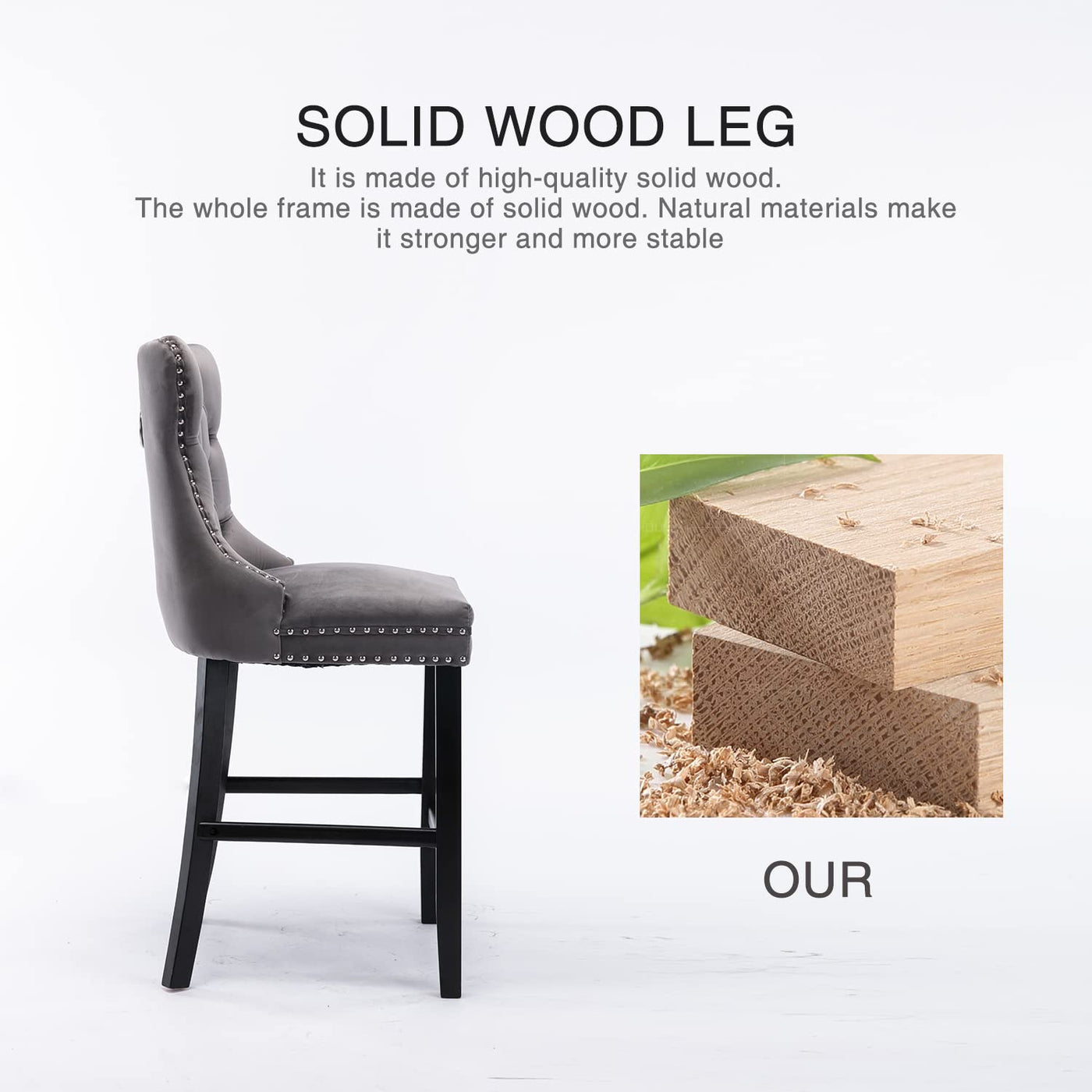 2X Velvet Bar Stools with Studs Trim Wooden Legs Tufted Dining Chairs Kitchen – product image 15