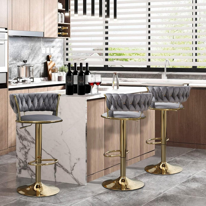 2x Height Adjustable Swivel Bar Stool Velvet Golden Base Barstools Chairs Padded Seat- Grey – product image 4