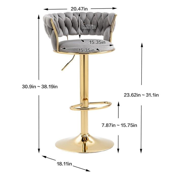 2x Height Adjustable Swivel Bar Stool Velvet Golden Base Barstools Chairs Padded Seat- Grey – product image 5