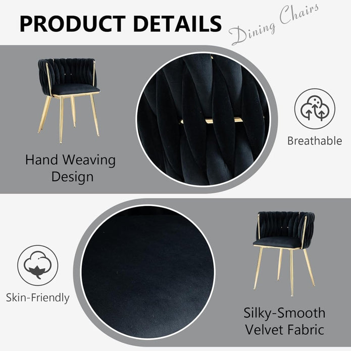SERENITà Black Modern Hand Weaving Dining Chairs,Velvet Upholstered Side Chairs with Gold Legs, Chic Vanity Chairs with Armrest, Accent Chair for Dining Room, and Cafe Set of 2