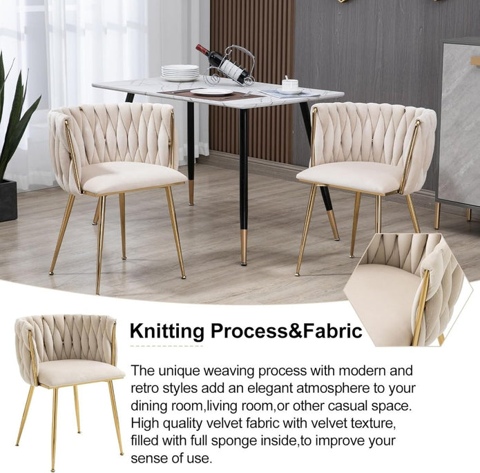 SERENITà Ivory Modern Hand Weaving Dining Chairs,Velvet Upholstered Side Chairs with Gold Legs, Chic Vanity Chairs with Armrest, Accent Chair for Dining Room, and Cafe Set of 2
