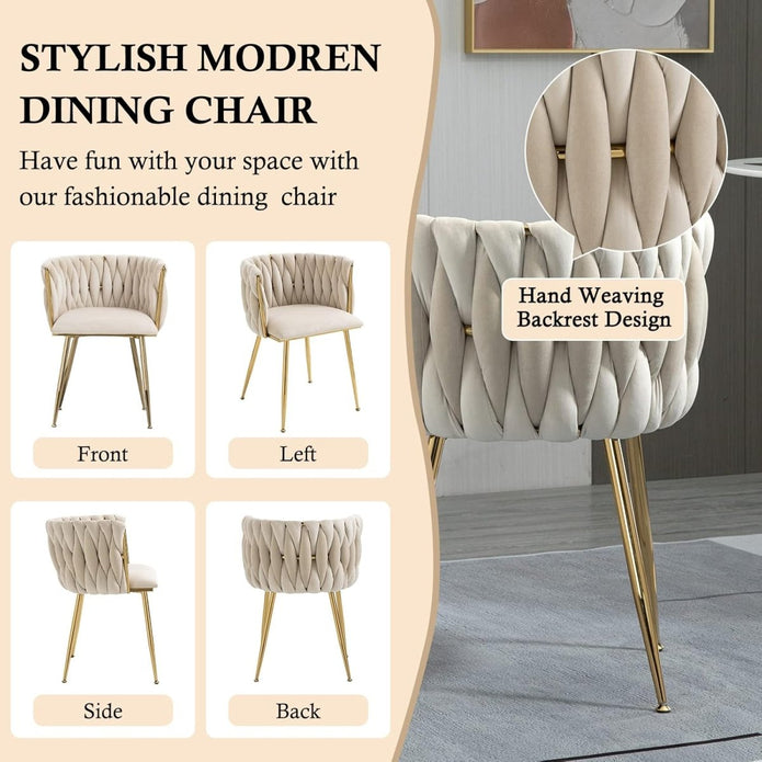 SERENITà Ivory Modern Hand Weaving Dining Chairs,Velvet Upholstered Side Chairs with Gold Legs, Chic Vanity Chairs with Armrest, Accent Chair for Dining Room, and Cafe Set of 2
