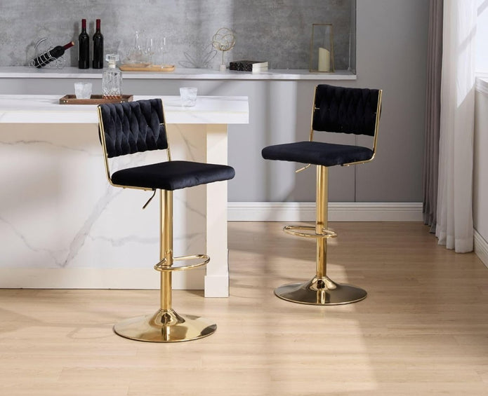 2x Velvet Bar Stools with Braided Back Elegant Kitchen High Chairs, Kitchen Island Stools Adjustable – product image 1