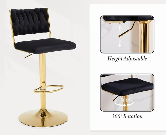 2x Velvet Bar Stools with Braided Back Elegant Kitchen High Chairs, Kitchen Island Stools Adjustable – product image 3