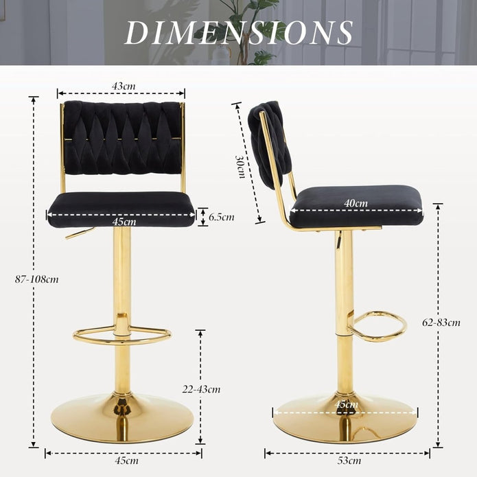 2x Velvet Bar Stools with Braided Back Elegant Kitchen High Chairs, Kitchen Island Stools Adjustable – product image 4