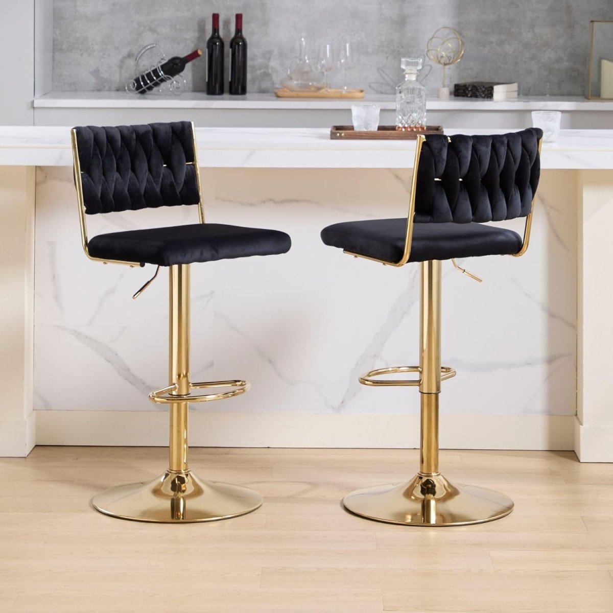 2x Velvet Bar Stools with Braided Back Elegant Kitchen High Chairs, Kitchen Island Stools Adjustable – product image 5