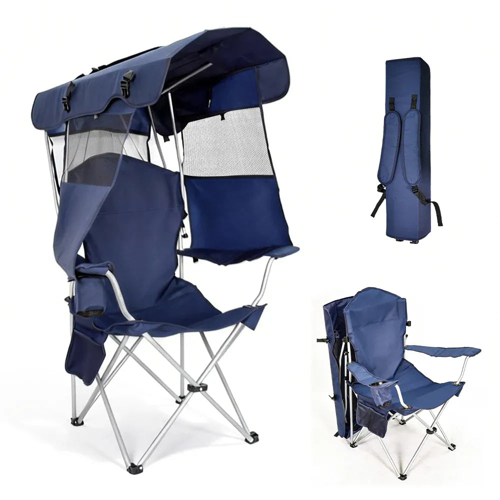 Foldable Canopy Shade Chair Outdoor Sturdy Frame Thickened Oxford Fabric Chair with Armrest Cup Holder and Carry Bag for Camping Fishing Yard Barbeque