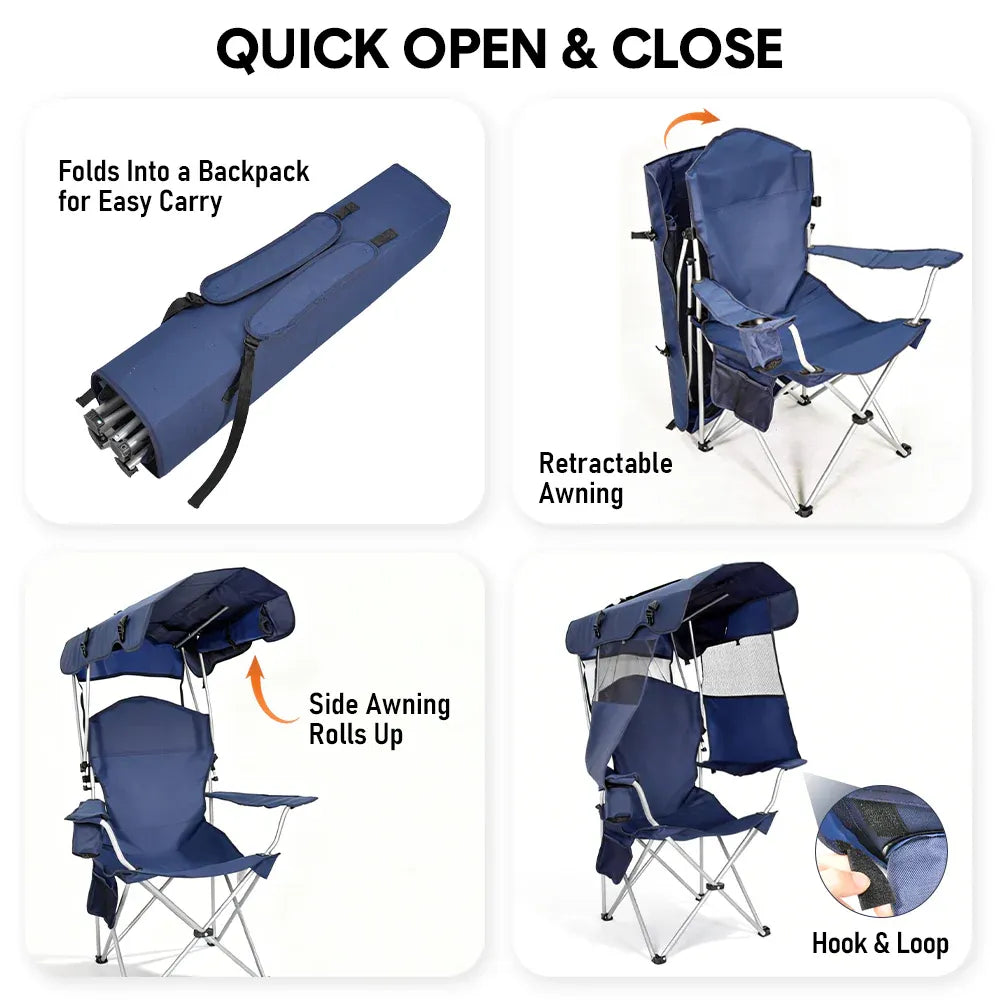 Foldable Canopy Shade Chair Outdoor Sturdy Frame Thickened Oxford Fabric Chair with Armrest Cup Holder and Carry Bag for Camping Fishing Yard Barbeque