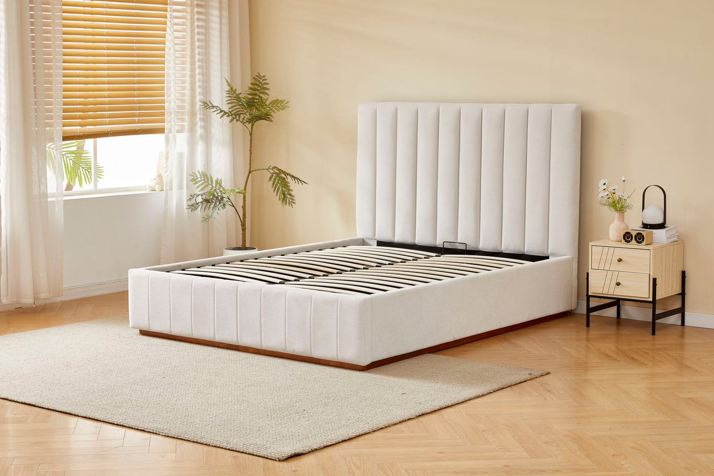 Cream Channel Bed Frame + Charcoal 20cm Bamboo Mattress (Queen Size)