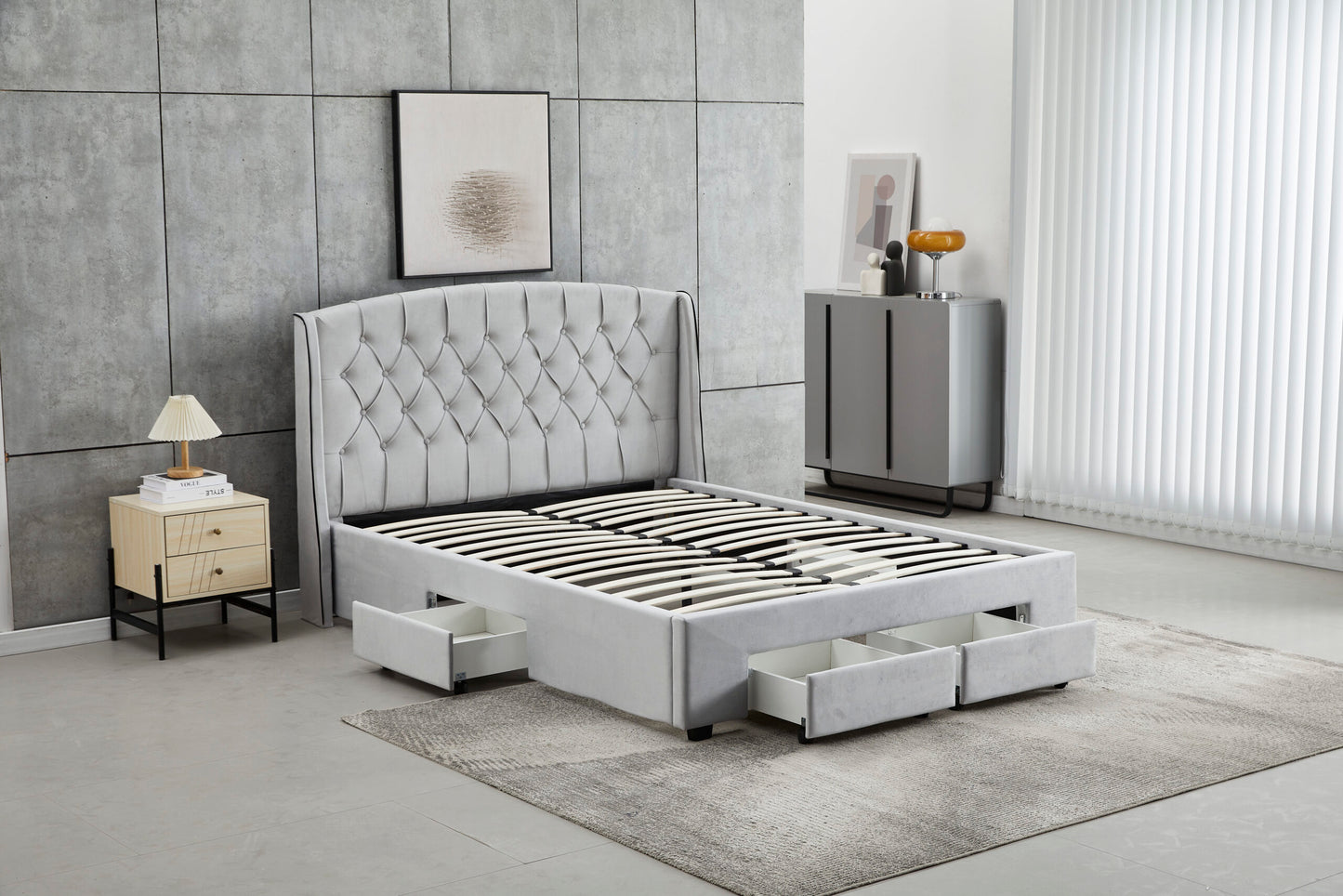 Tufted Bed Frame (4 Drawers) + Charcoal 20cm Bamboo Mattress