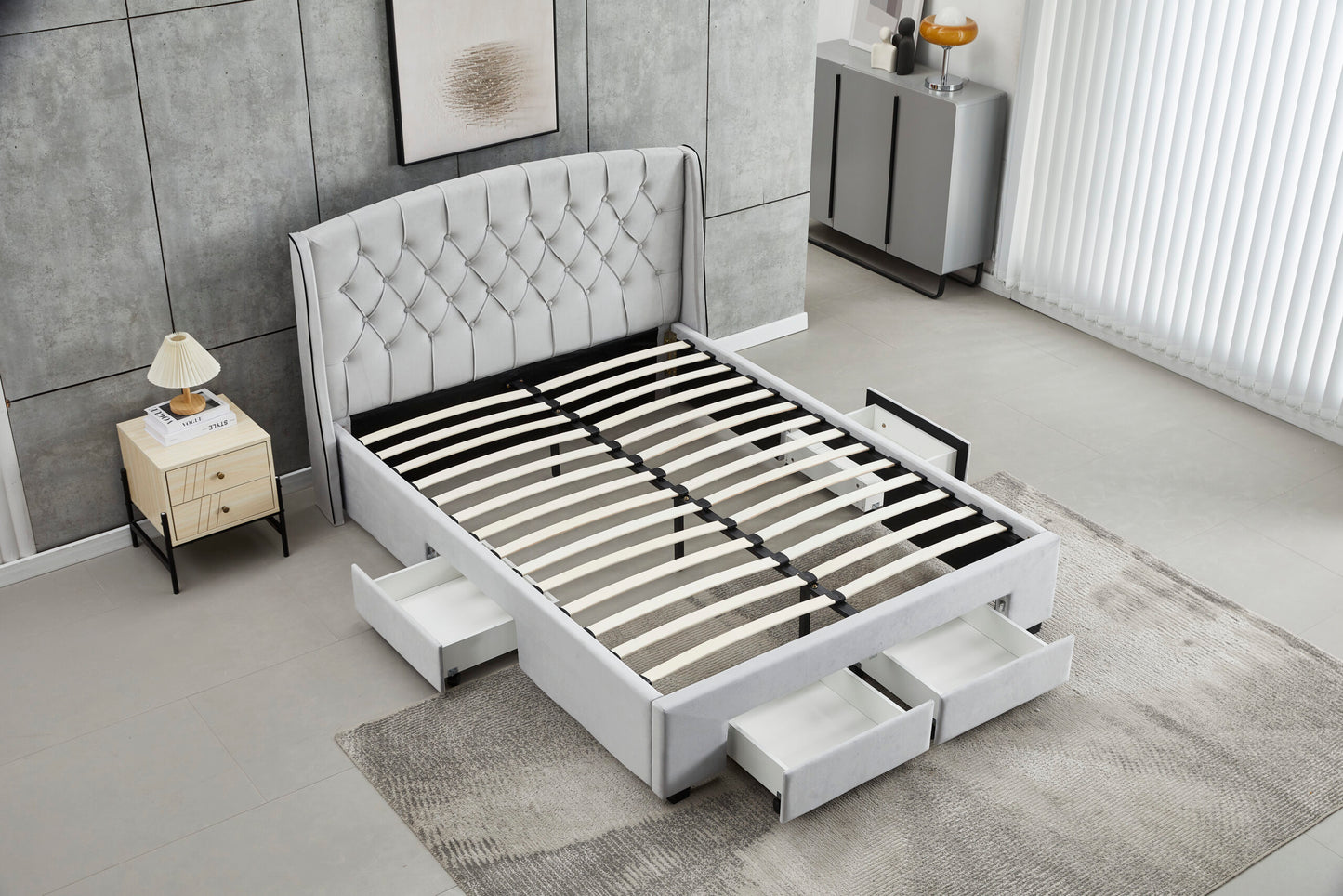 Tufted Bed Frame With Drawers Queen