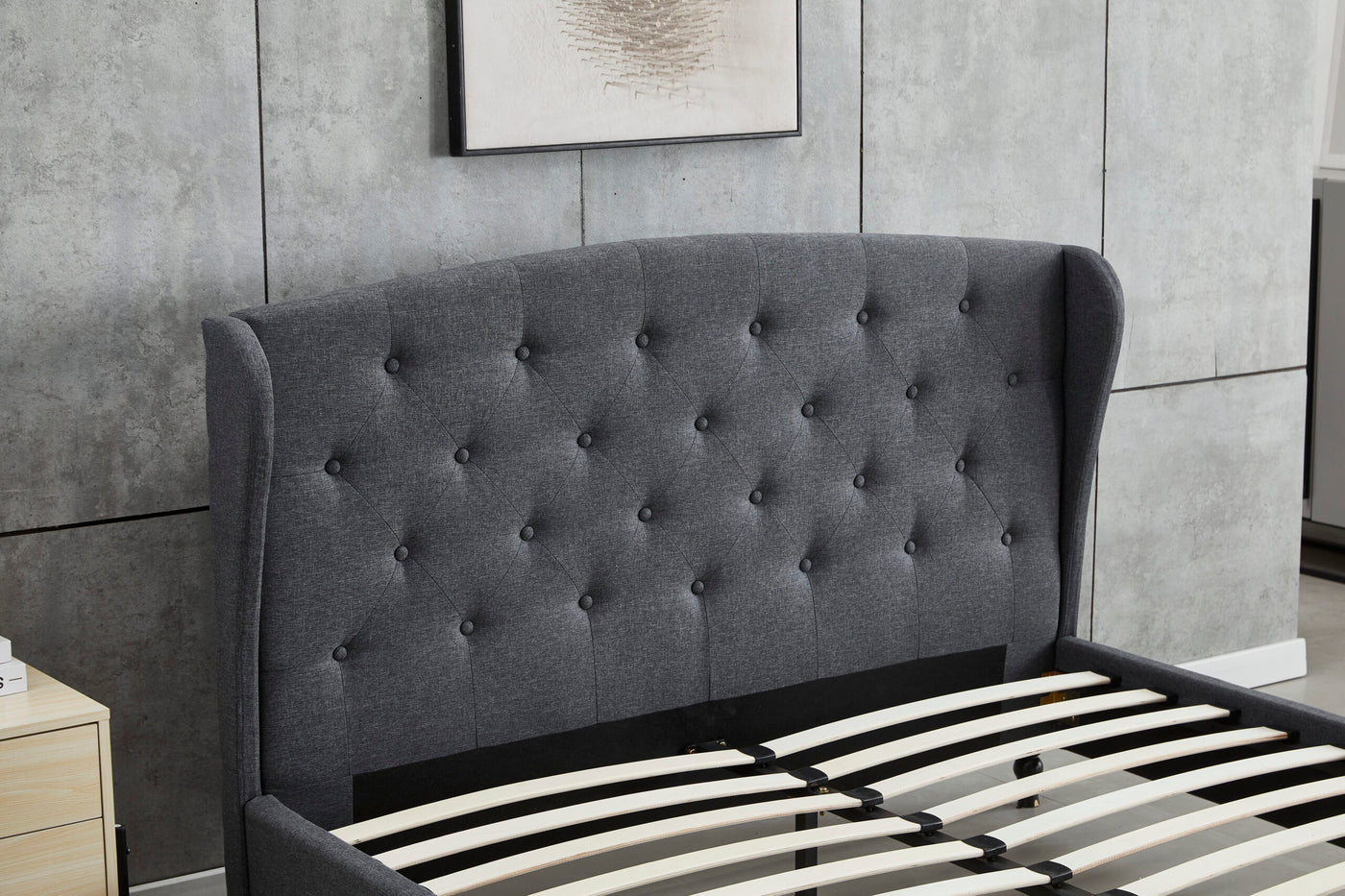 Dark Grey Wingback Bed Frame Queen