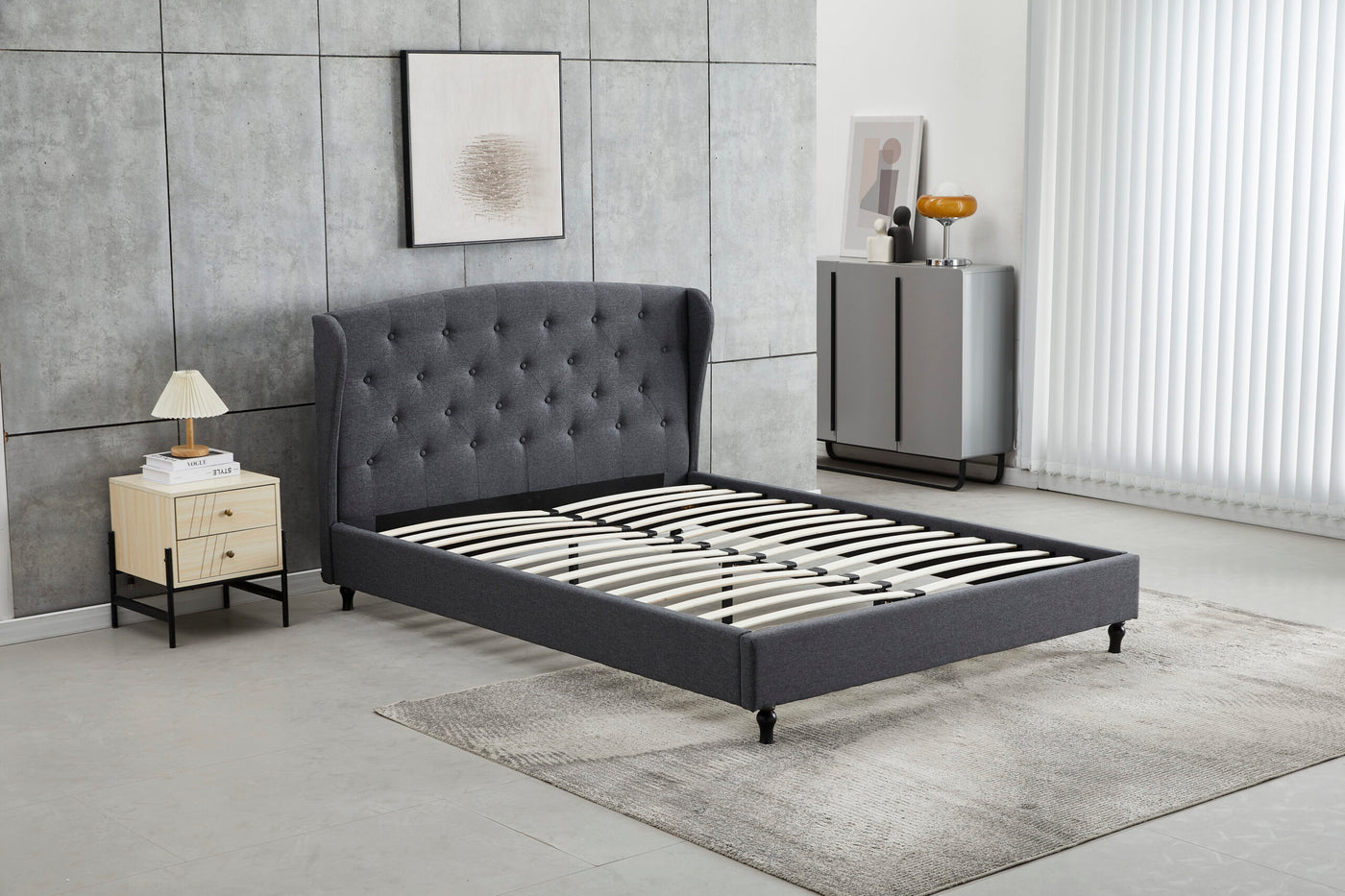 OzyDreams Dark Grey Wingback Bed Frame Queen