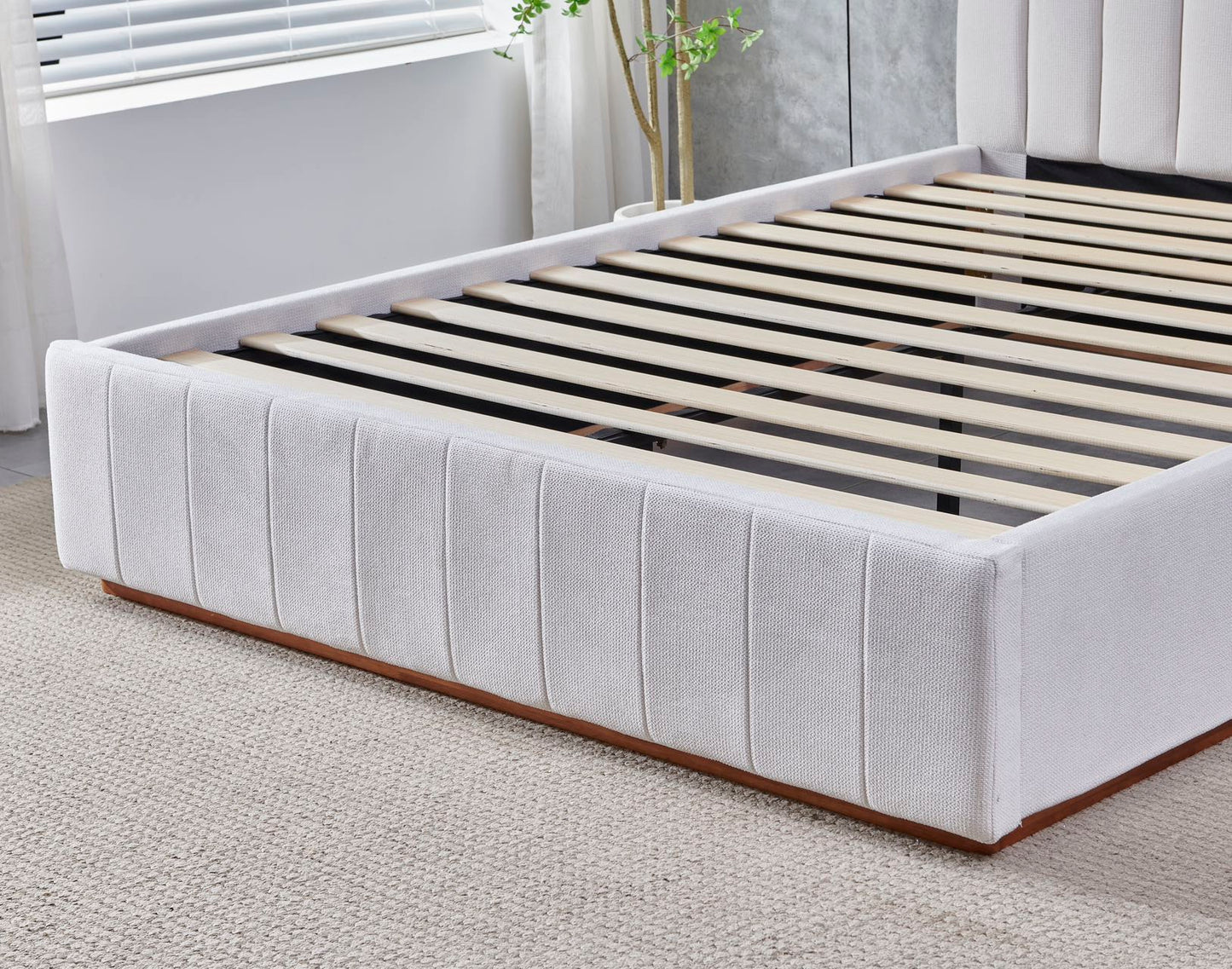 Cream Channel Tufted Linen Bed Frame