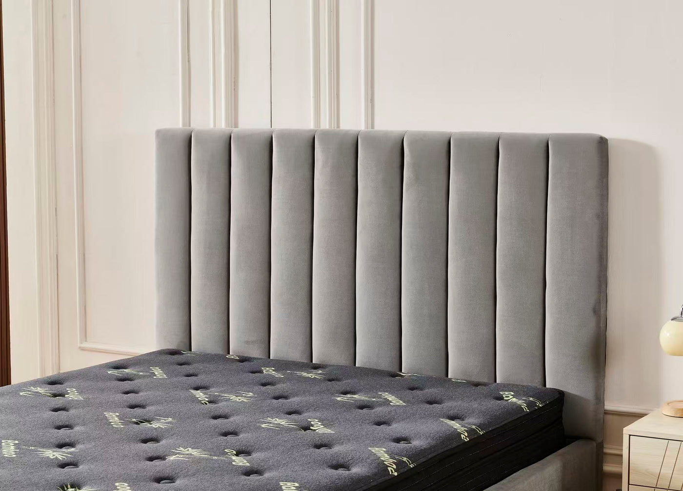 Grey velvet Channel Bed Frame + Charcoal 20cm Bamboo Mattress