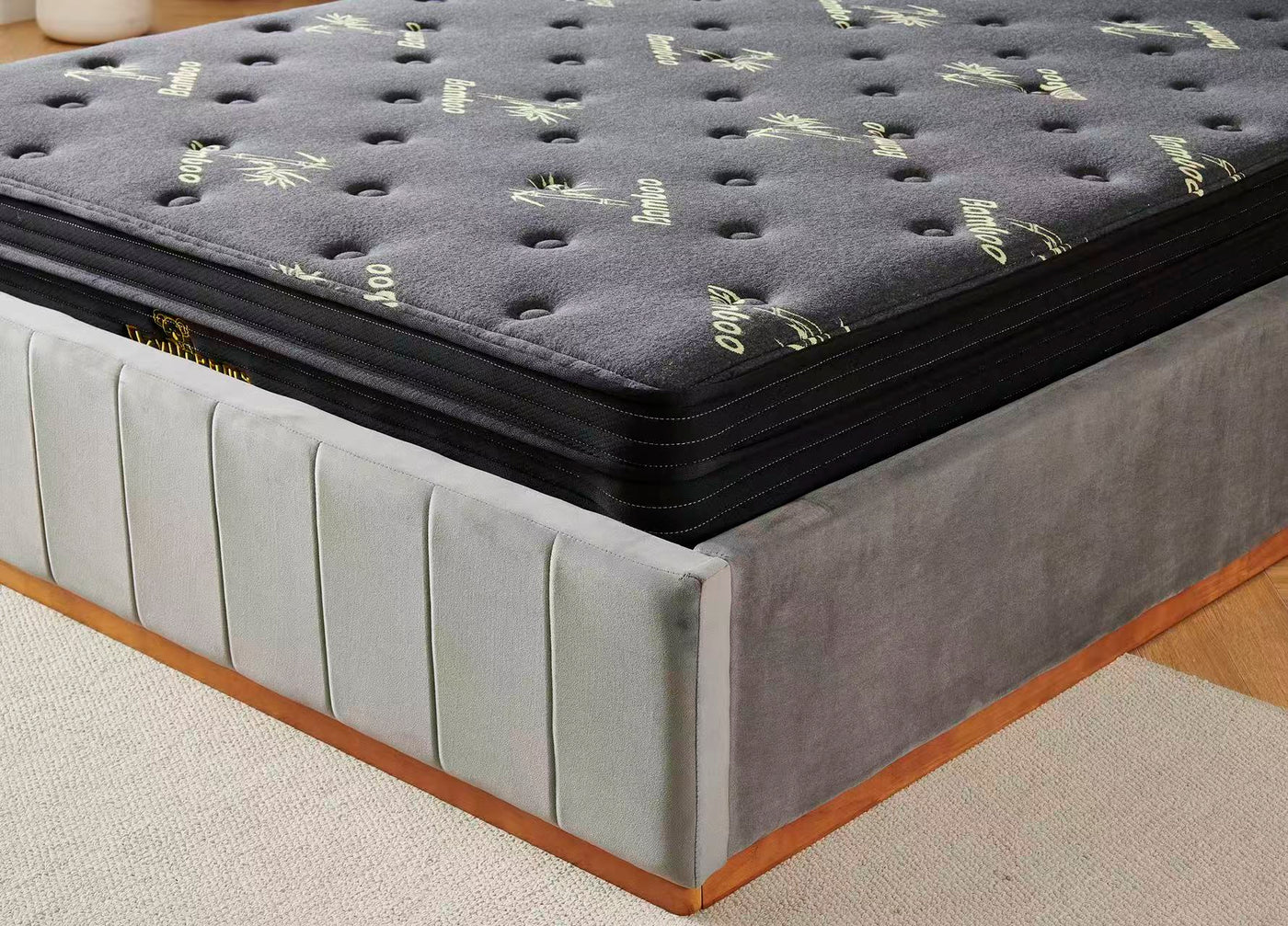 Grey velvet Channel Bed Frame + Charcoal 20cm Bamboo Mattress