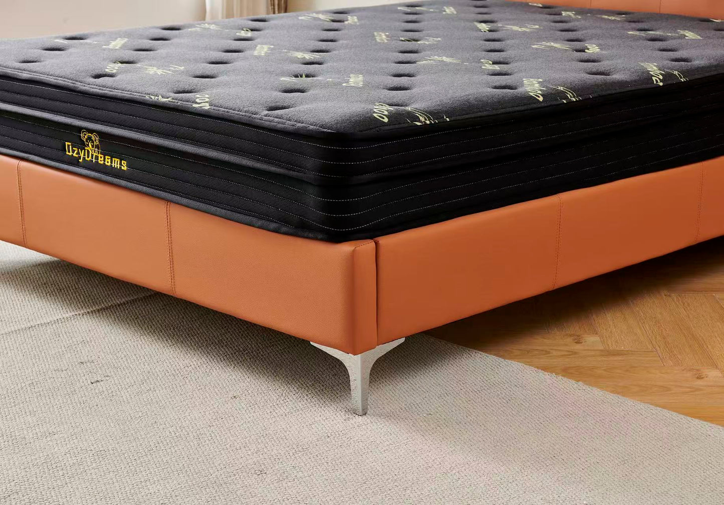Orange Tiffany upholstered bed + Charcoal 20cm bamboo mattress