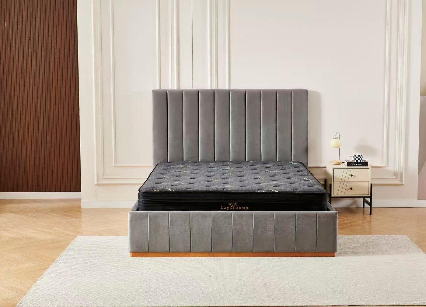 Grey velvet Channel Bed Frame + Charcoal 20cm Bamboo Mattress
