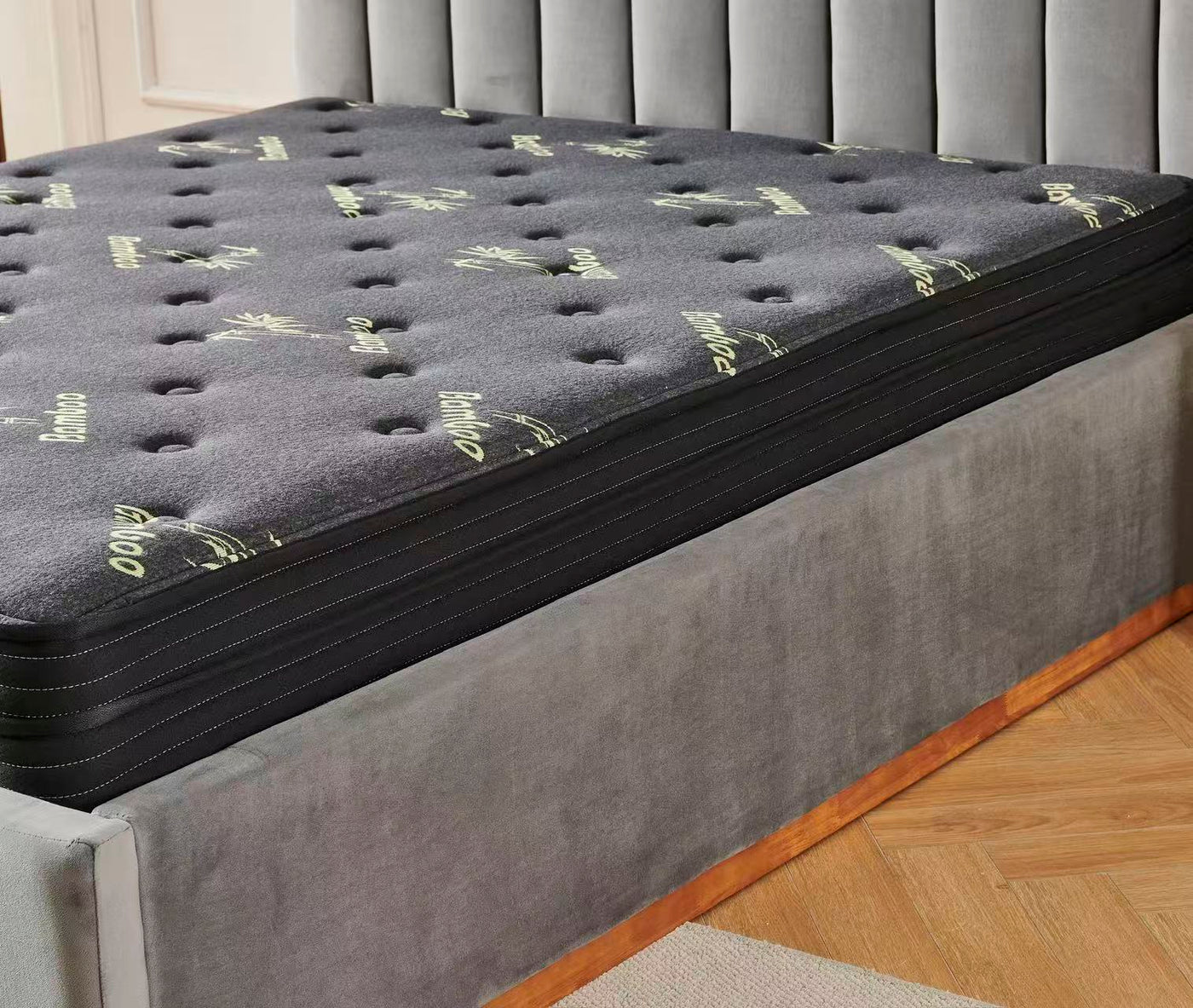 Grey velvet Channel Bed Frame + Charcoal 20cm Bamboo Mattress