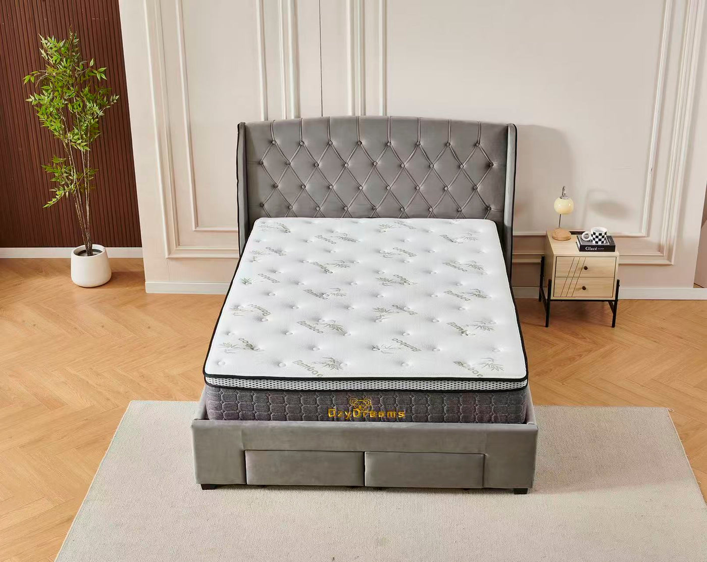 Tufted Bed Frame Dark Grey (4 Drawers) + 30cm Pillow Top Bamboo Mattress